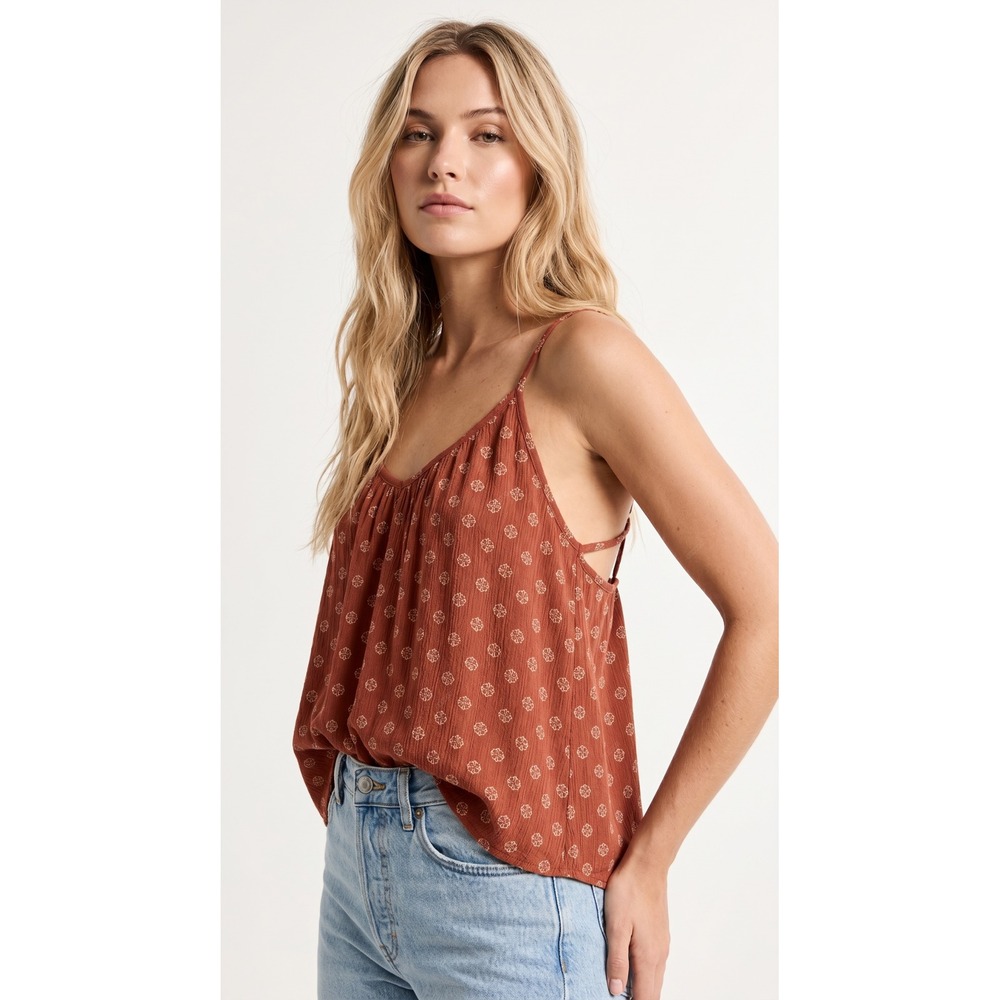 Daytrip Rust Orange Floral Print Cami Tank Top T-Strap Back Boho Rayon‎ Small